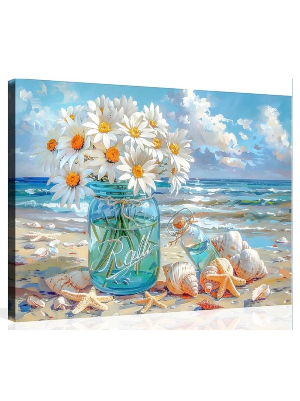 Beach Coastal Daisy Canvas Wall Art Ocean Seashell Floral Decor Ready to Hang